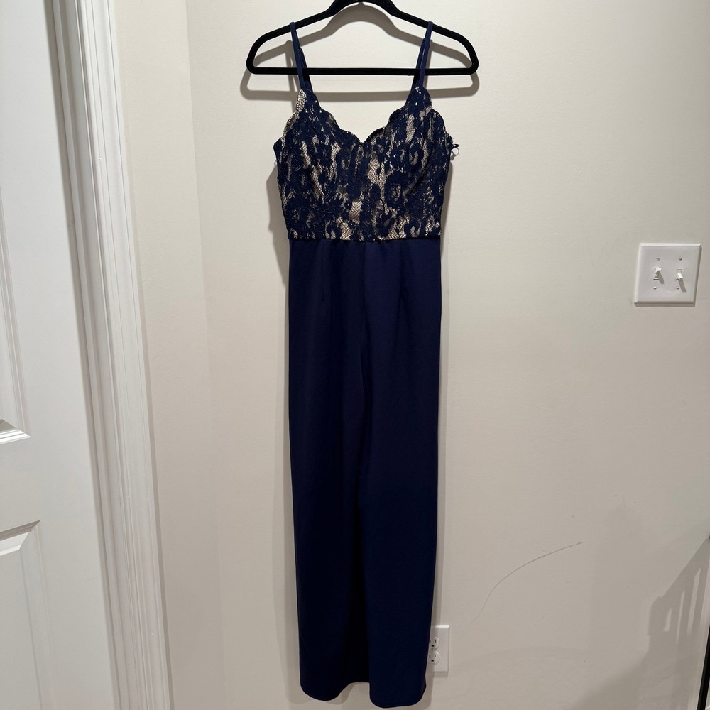 NWT MI AMI Francescas Navy Blue Lace‎ Bodice Wide Leg Jumpsuit Size Small